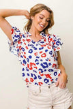 BiBi Leopard Notched Ruffled Cap Sleeve Blouse - Trendsi - Flyclothing LLC