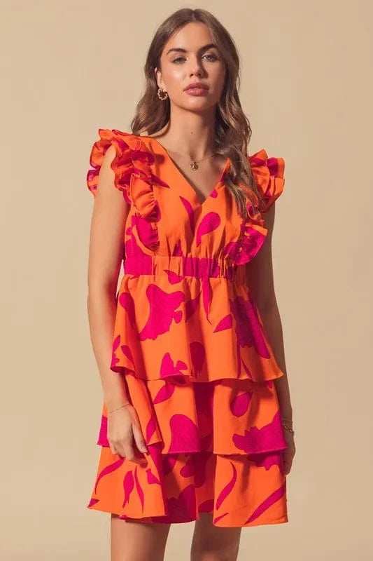 SO ME Floral V Neck Layered Dress with Elasticized Waist - Trendsi - Flyclothing LLC