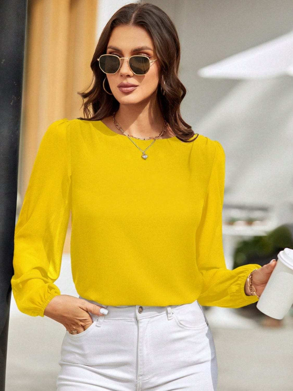Round Neck Balloon Sleeve Blouse - Trendsi - Flyclothing LLC