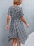 Plaid Notched Short Sleeve Dress - Trendsi - Flyclothing LLC