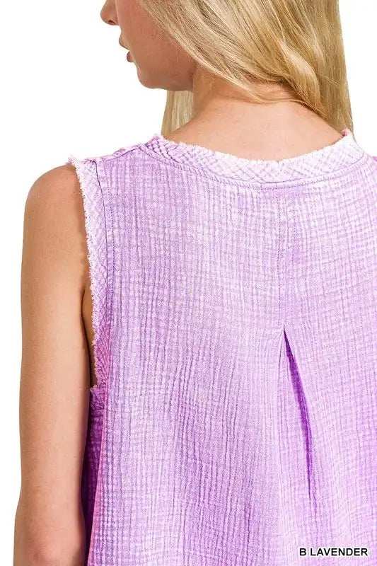 Zenana Double Gauze Raw Edge Acid Washed Tank - Trendsi - Flyclothing LLC