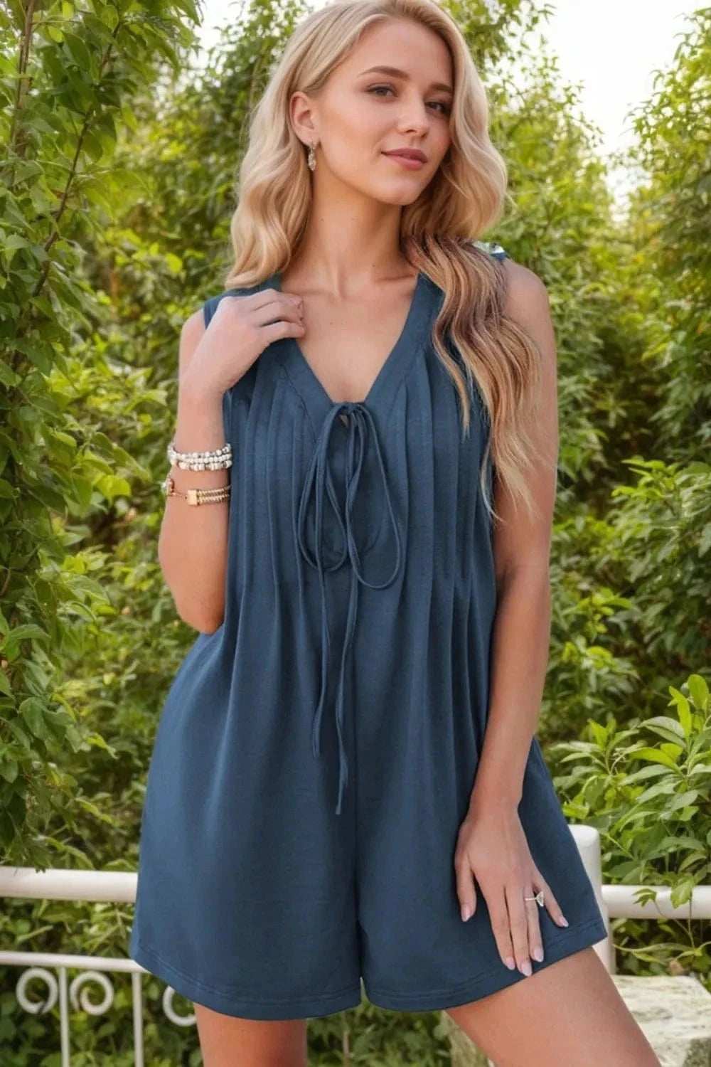 Tie Front Sleeveless Romper - Trendsi - Flyclothing LLC
