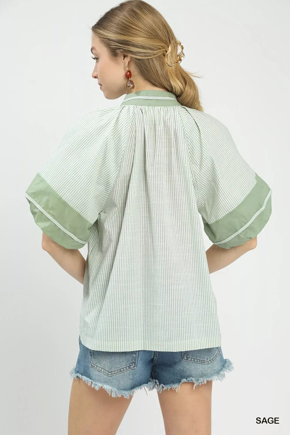 Umgee Striped Mixed Puff Sleeve Blouse - Trendsi - Flyclothing LLC