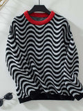 Wavy Stripes Round Neck Long Sleeve Sweater - Trendsi - Flyclothing LLC