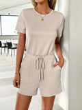 Tied Round Neck Short Sleeve Romper - Trendsi - Flyclothing LLC