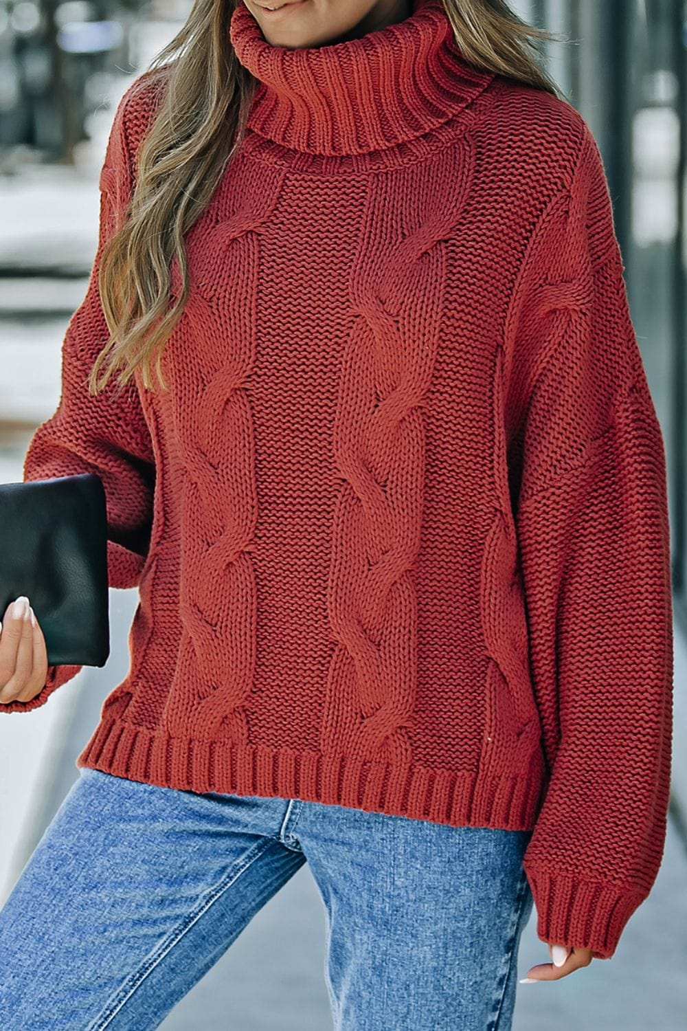 Cable-Knit Turtleneck Dropped Shoulder Sweater - Trendsi - Flyclothing LLC
