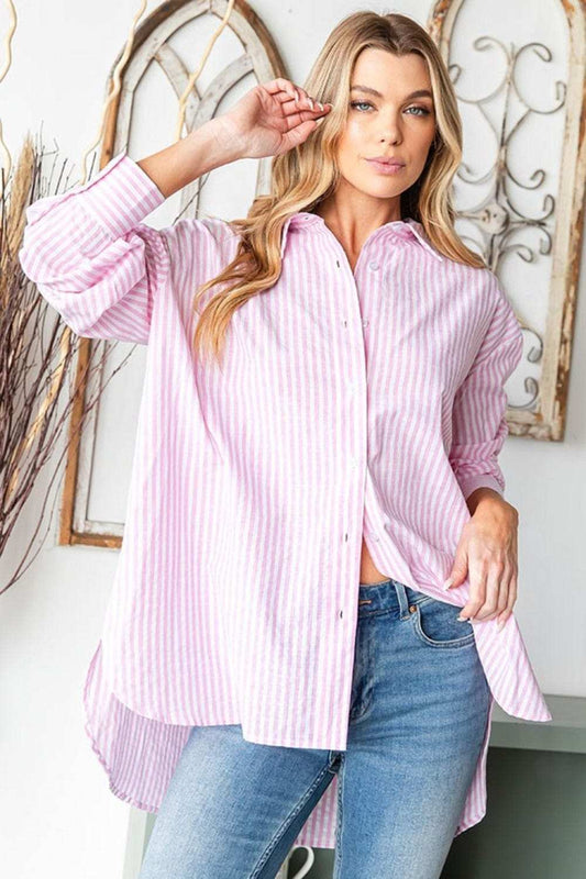 First Love Full Size Striped Button Down High-Low Hem Shirt - Trendsi - Flyclothing LLC