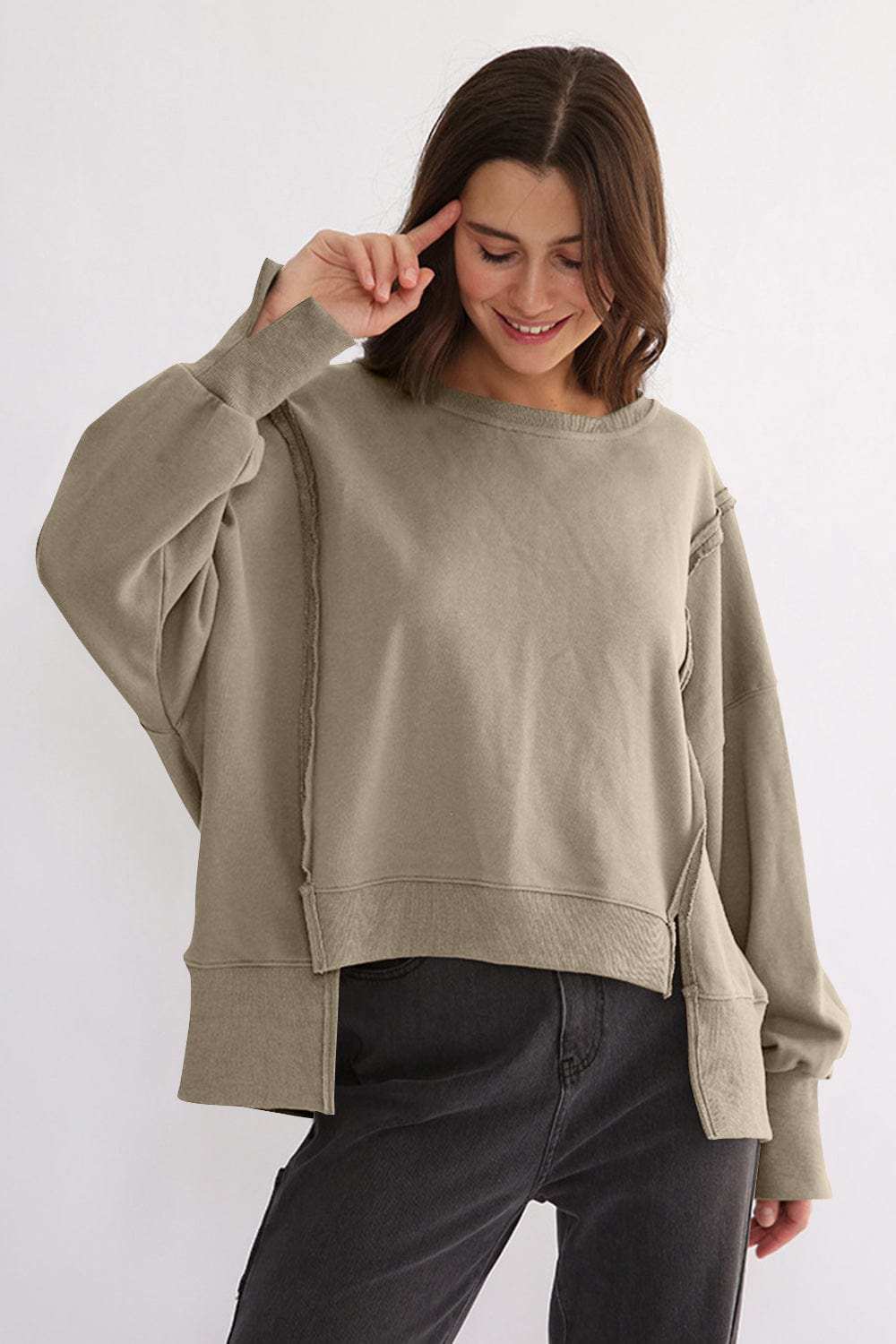 Exposed Seam High-Low Long Sleeve Sweatshirt - Trendsi - Flyclothing LLC
