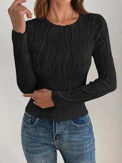 Textured Round Neck Long Sleeve Top - Trendsi - Flyclothing LLC