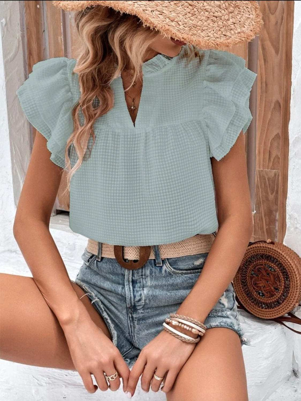 Ruffled Notched Cap Sleeve Blouse - Trendsi - Flyclothing LLC