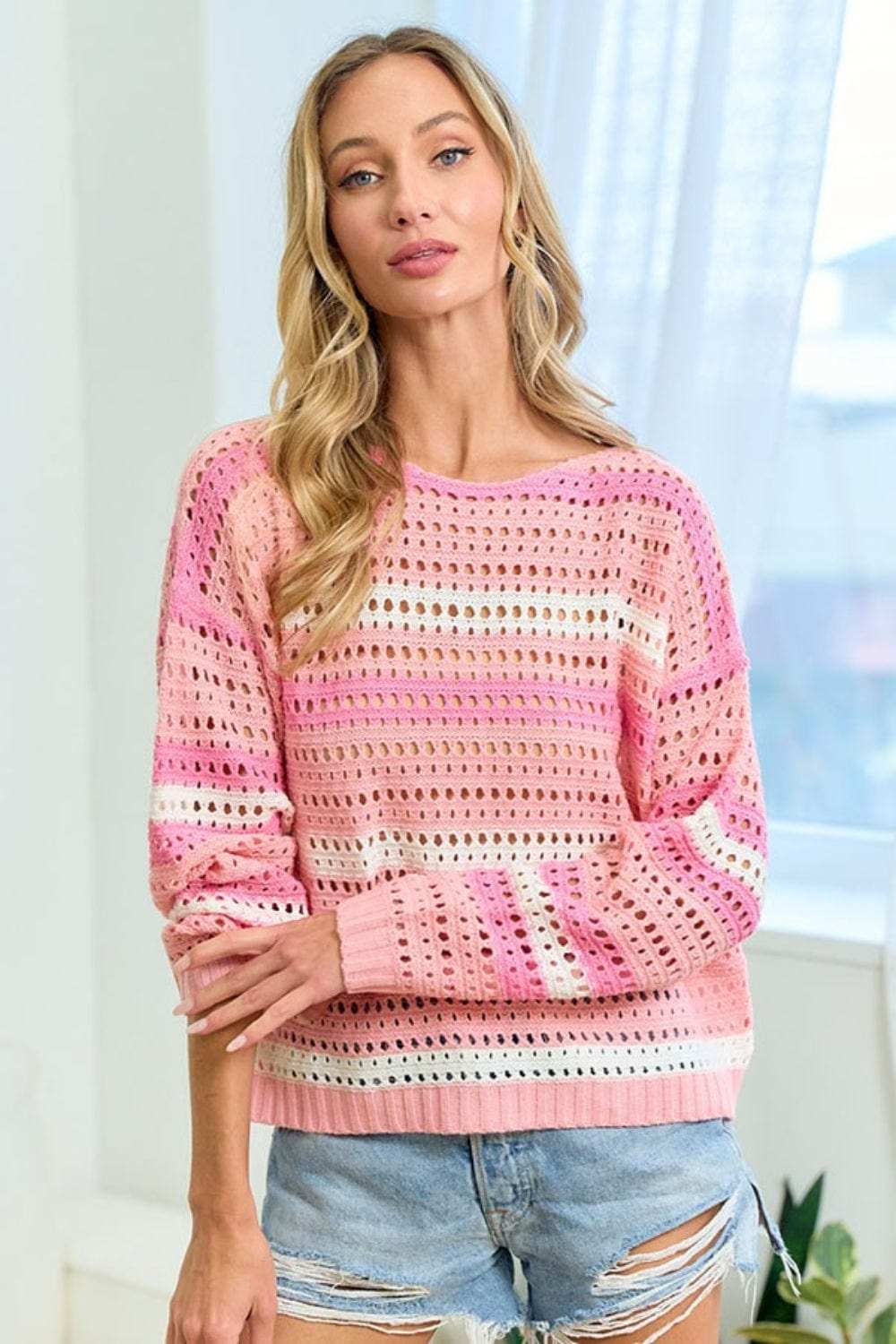 First Love Striped Long Sleeve Openwork Knit Top - Trendsi - Flyclothing LLC
