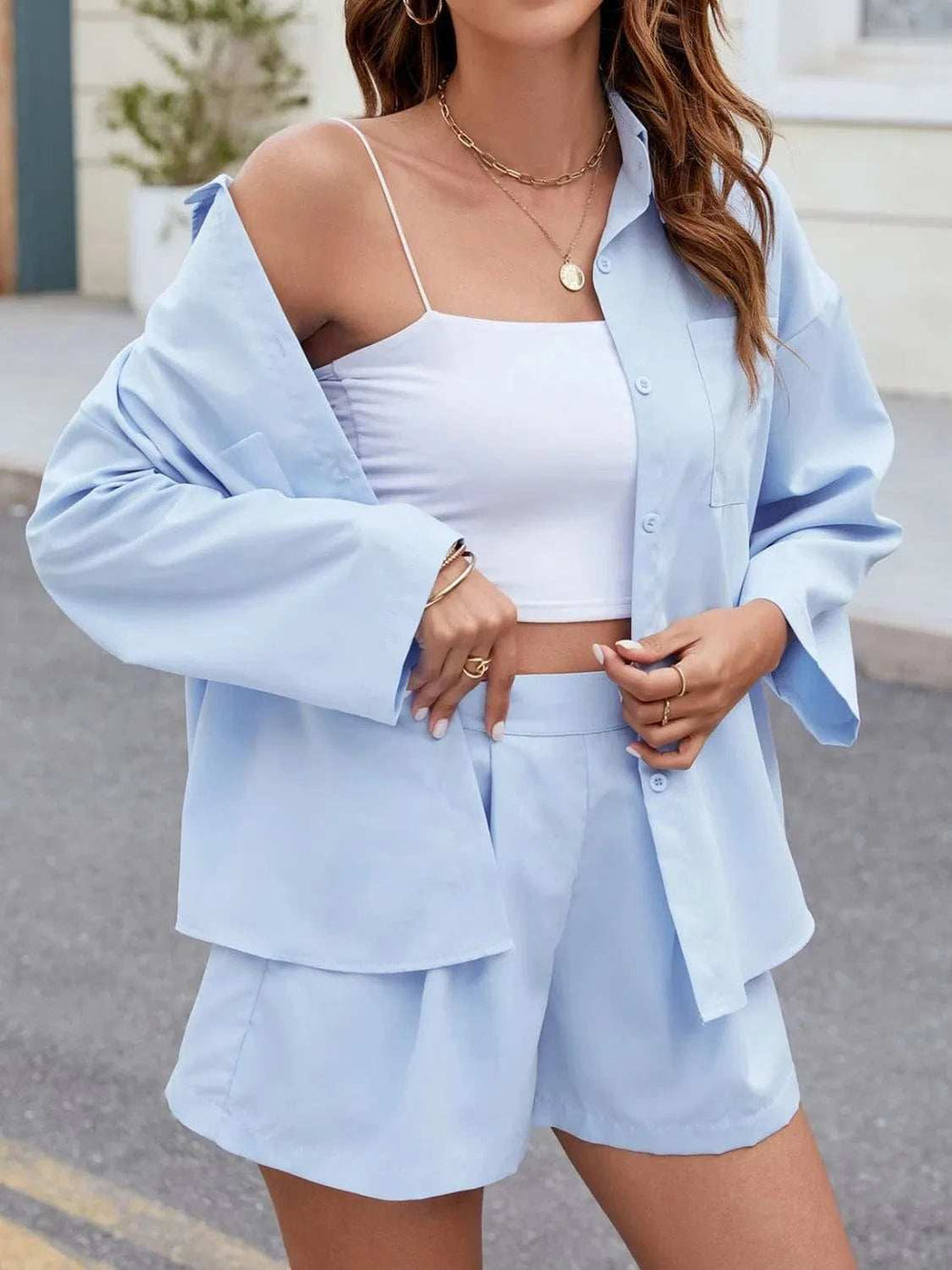 Button Up Long Sleeve Top and Shorts Set - Trendsi - Flyclothing LLC