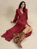 V-Neck Balloon Sleeve Ruffled Hem Maxi Dress - Trendsi - Flyclothing LLC
