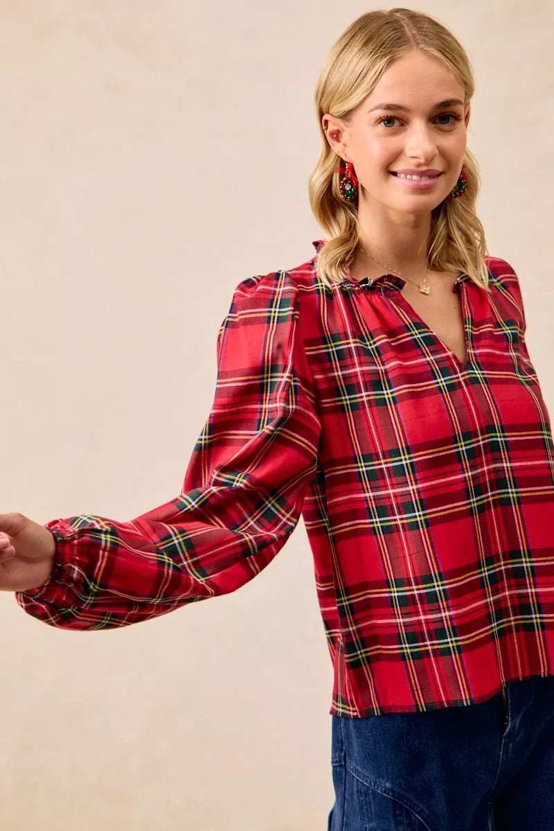BiBi Christmas Plaid Balloon Sleeves Ruffled V-Neck Top - Trendsi - Flyclothing LLC