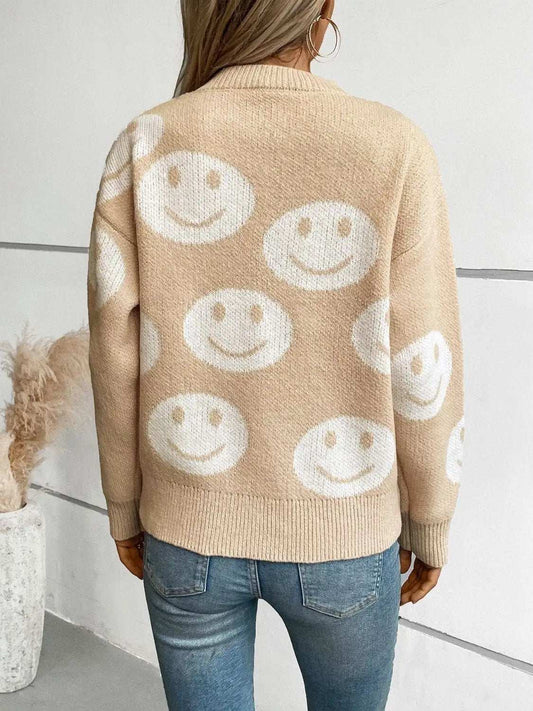 Smile Pattern Round Neck Long Sleeve Sweater - Trendsi - Flyclothing LLC