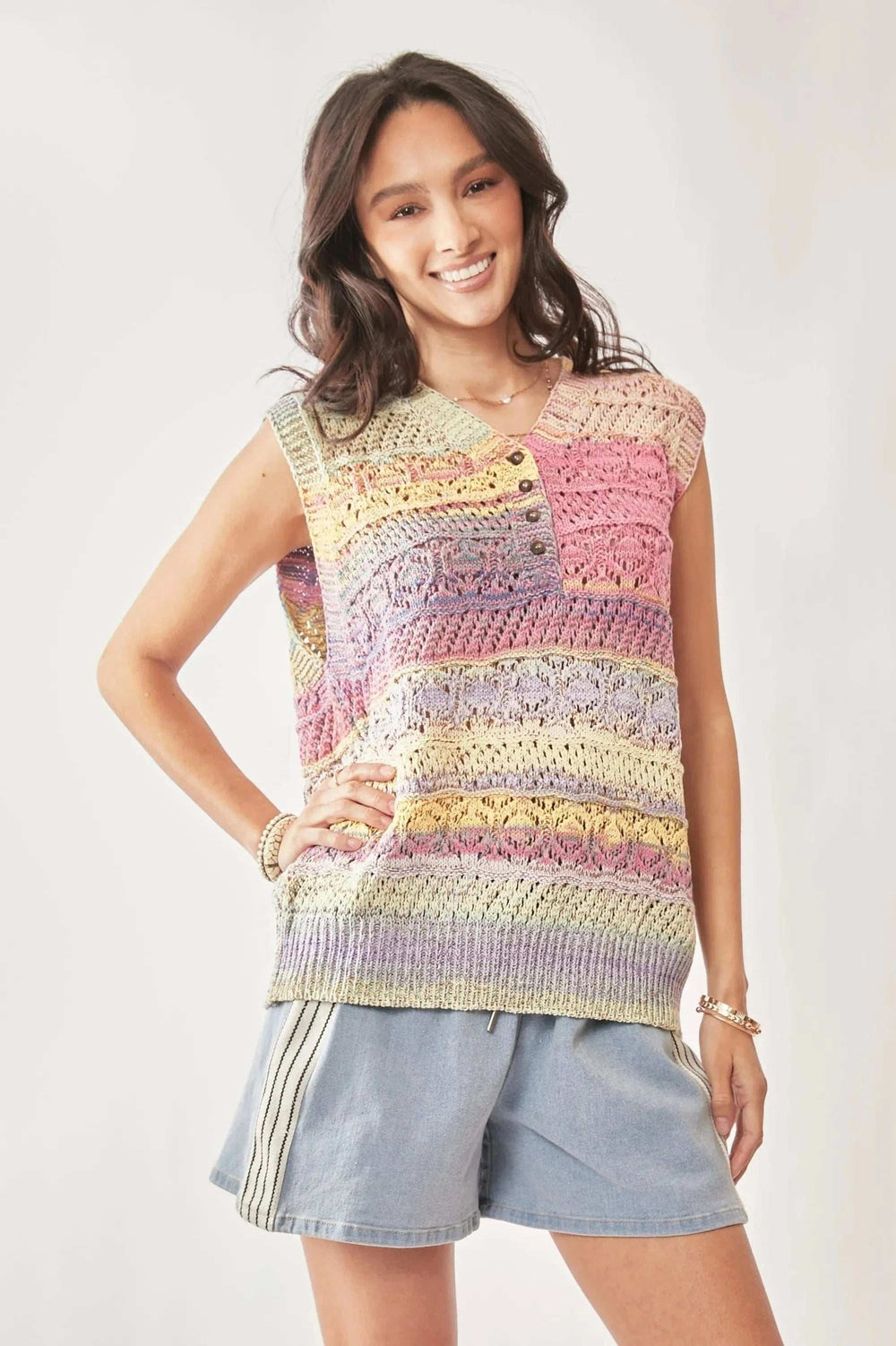 Davi & Dani Multi Color Crochet Sleeveless Knit Vest Top - Trendsi - Flyclothing LLC