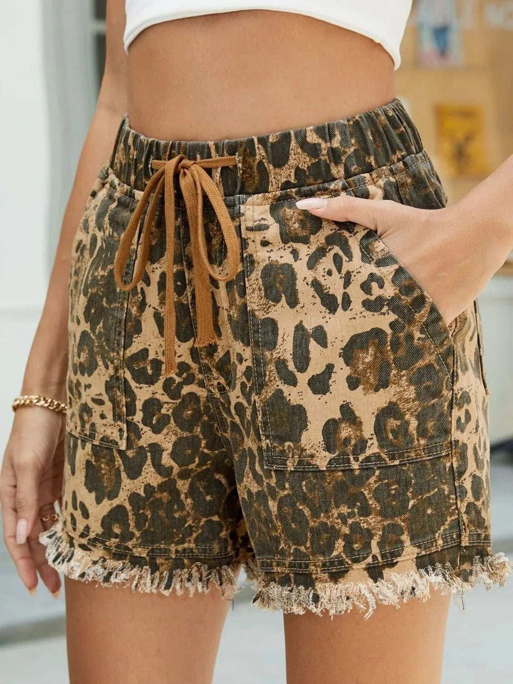 Raw Hem Drawstring Leopard Denim Shorts - Trendsi - Flyclothing LLC
