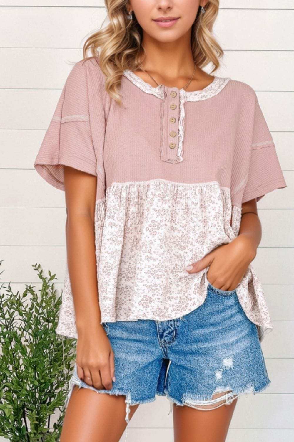 Waffle Floral Patchwork Exposed Seam Detail Short Sleeve Top - Trendsi - Flyclothing LLC