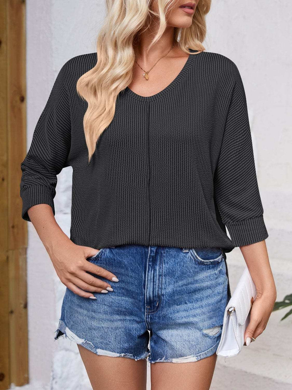 Textured Round Neck Three-Quarter Sleeve Blouse - Trendsi - Flyclothing LLC