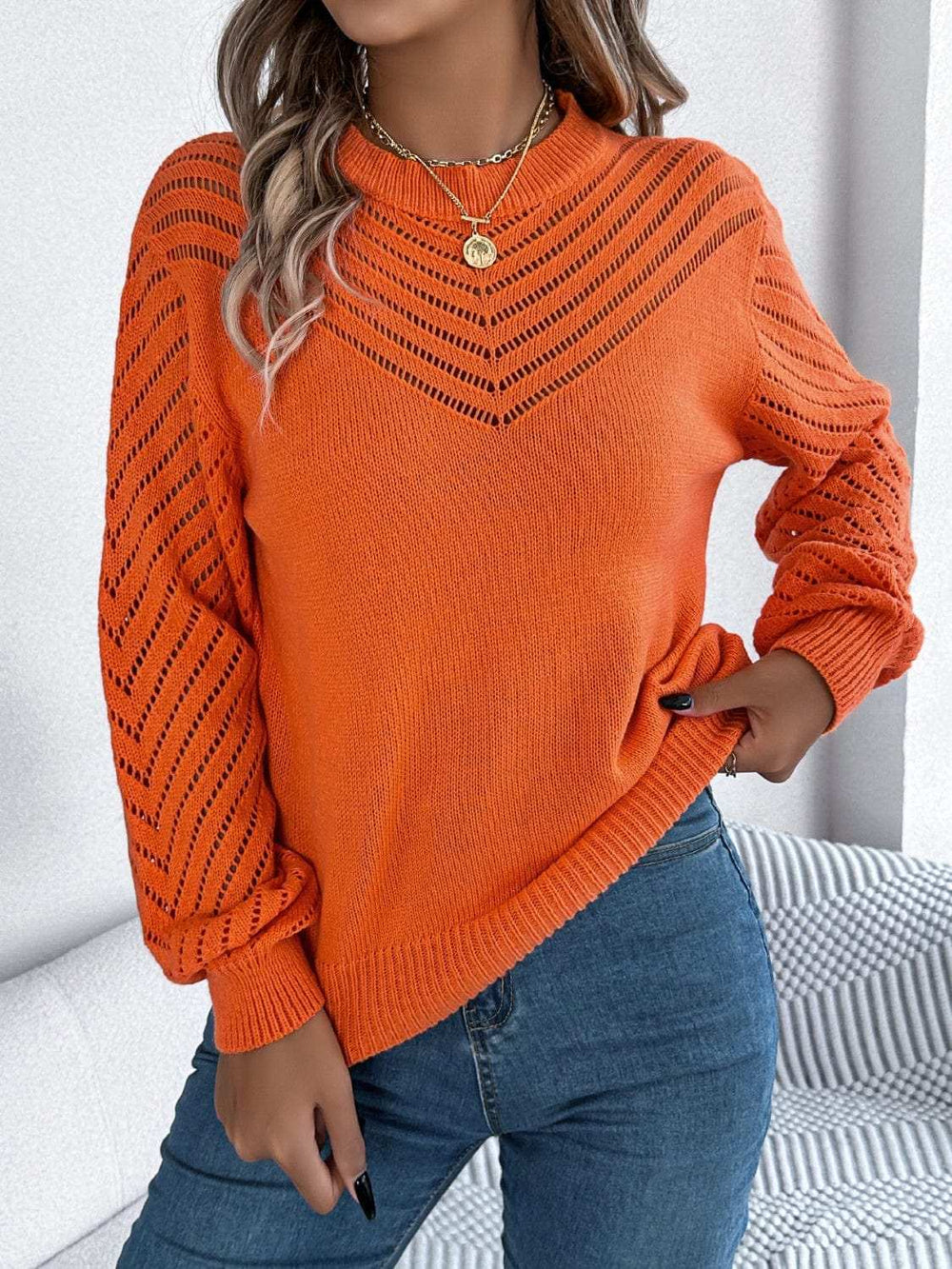 Openwork Round Neck Long Sleeve Knit Top - Trendsi - Flyclothing LLC