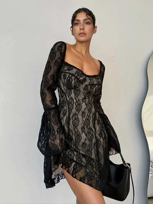 Lace Sweetheart Neck Flare Sleeve Mini Dress - Trendsi - Flyclothing LLC