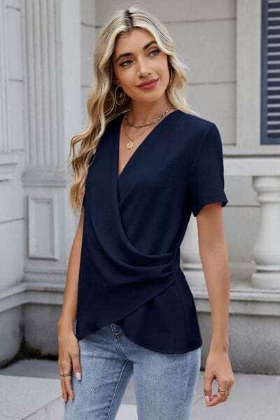 Solid Color Surplice Short Sleeve Blouse - Trendsi - Flyclothing LLC