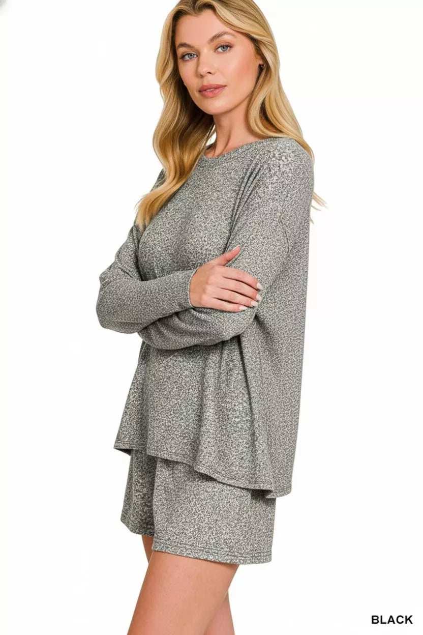 Zenana Soft Melange Long Sleeve Tee and Shorts Set - Trendsi - Flyclothing LLC