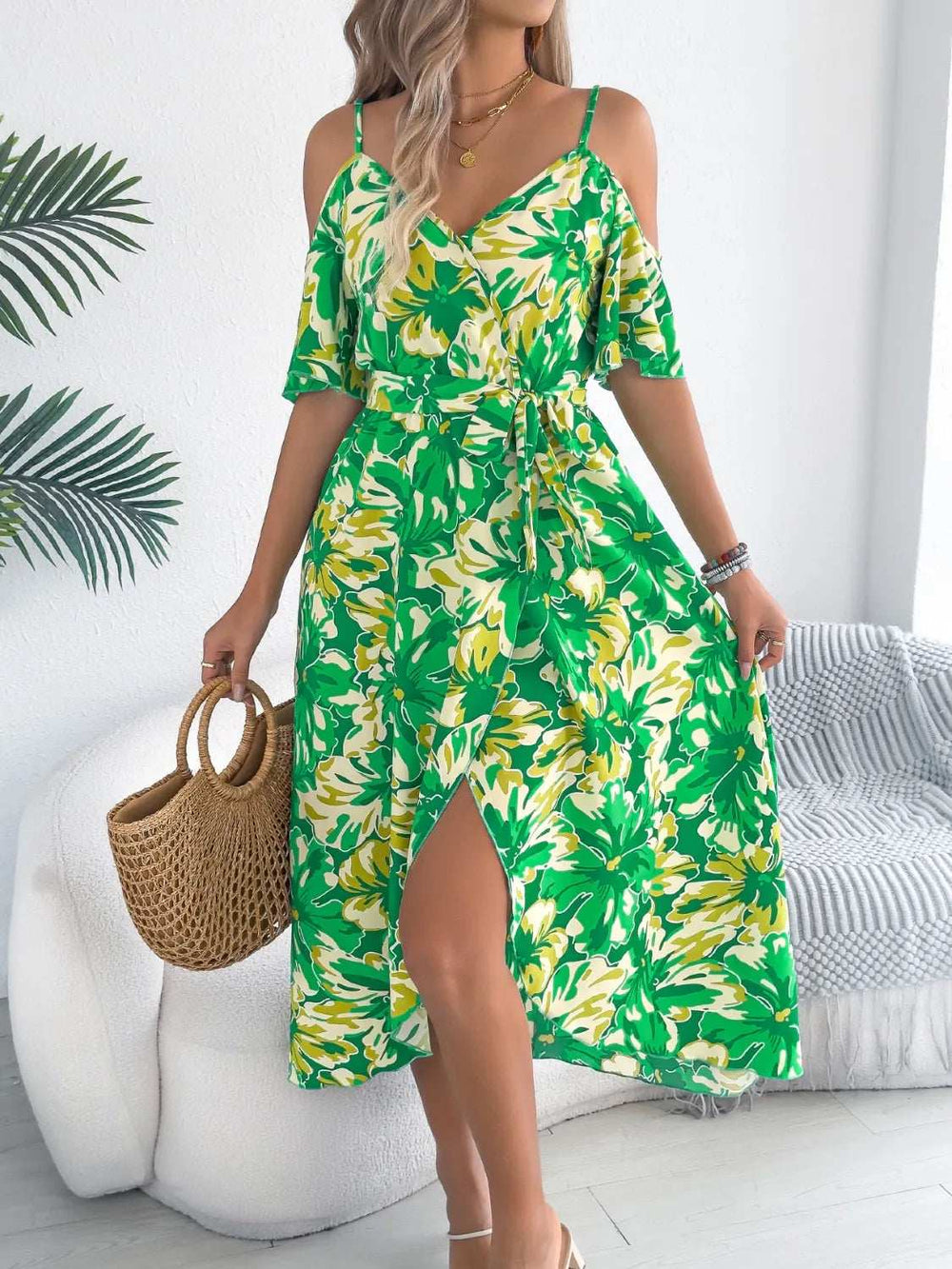 Printed Cold Shoulder Midi Cami Dress - Trendsi - Flyclothing LLC