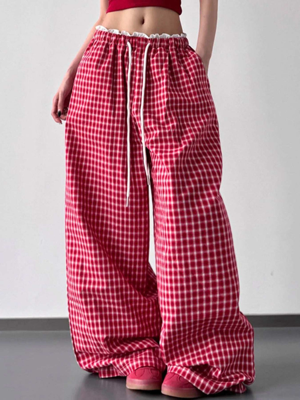 Drawstring Plaid Wide Leg Pants - Trendsi - Flyclothing LLC