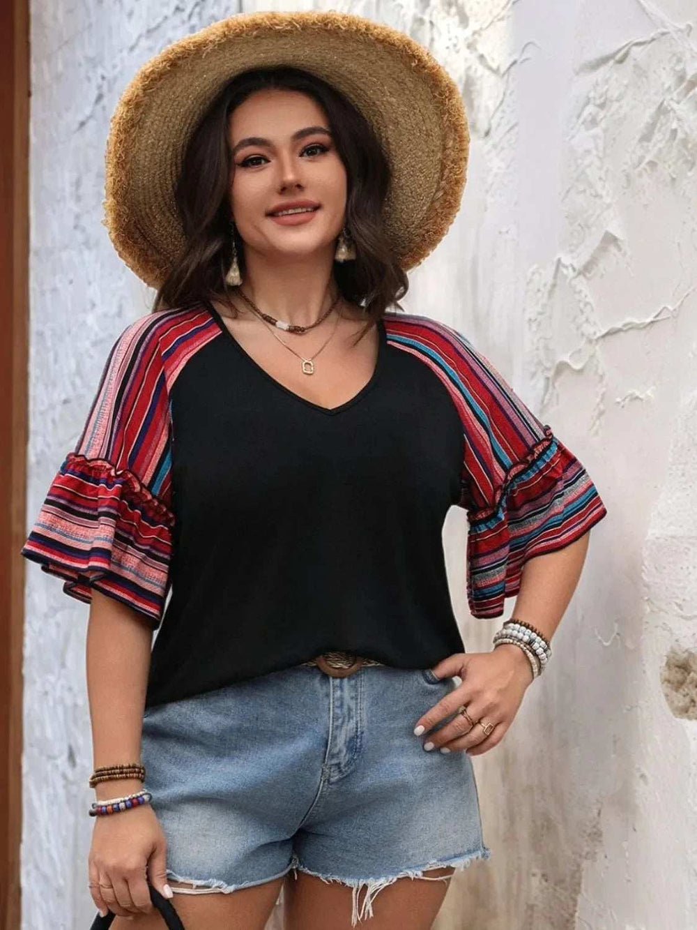 Plus Size V-Neck Flounce Sleeve Top - Trendsi - Flyclothing LLC