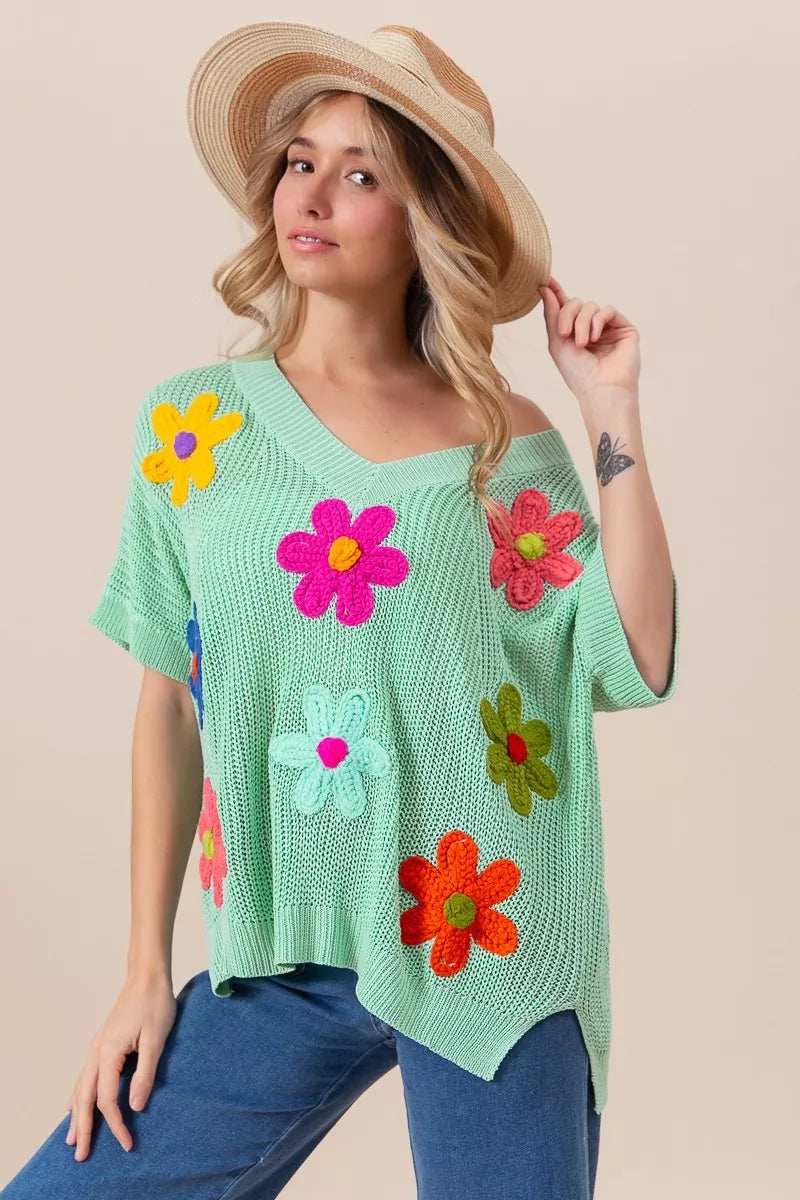 BiBi Flower Patches Dolman Sleeve Lightweight Sweater - Trendsi - Flyclothing LLC