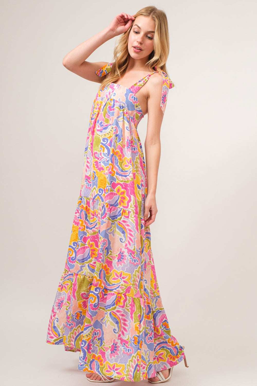 And The Why Full Size Printed Tie Shoulder Tiered Maxi Dress - Trendsi - Flyclothing LLC