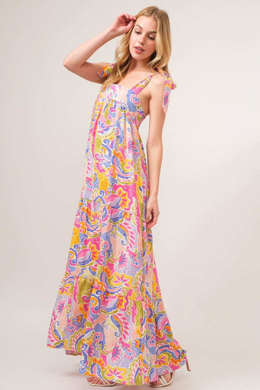 And The Why Full Size Printed Tie Shoulder Tiered Maxi Dress - Trendsi - Flyclothing LLC