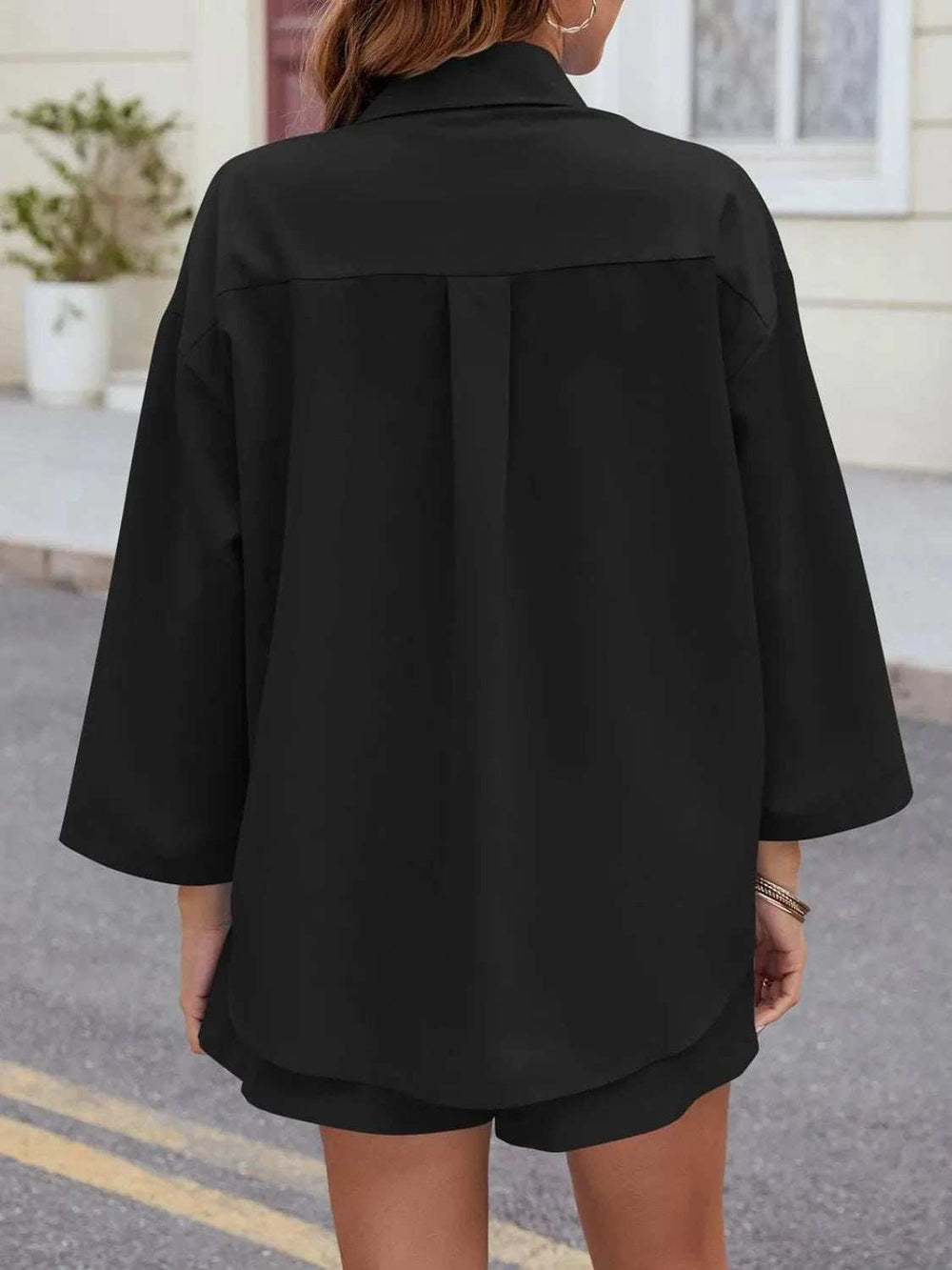 Button Up Long Sleeve Top and Shorts Set - Trendsi - Flyclothing LLC