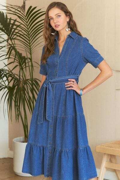 ADORA Tiered Button Down Tie Waist Short Sleeve Denim Dress - Trendsi - Flyclothing LLC