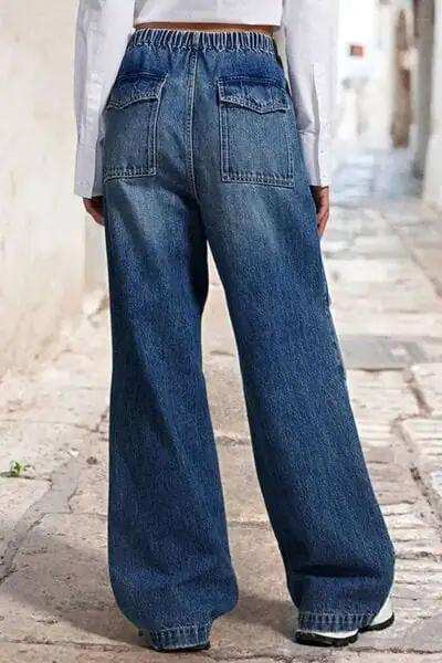 Drawstring Waist Wide Leg Shirred Jeans - Trendsi - Flyclothing LLC