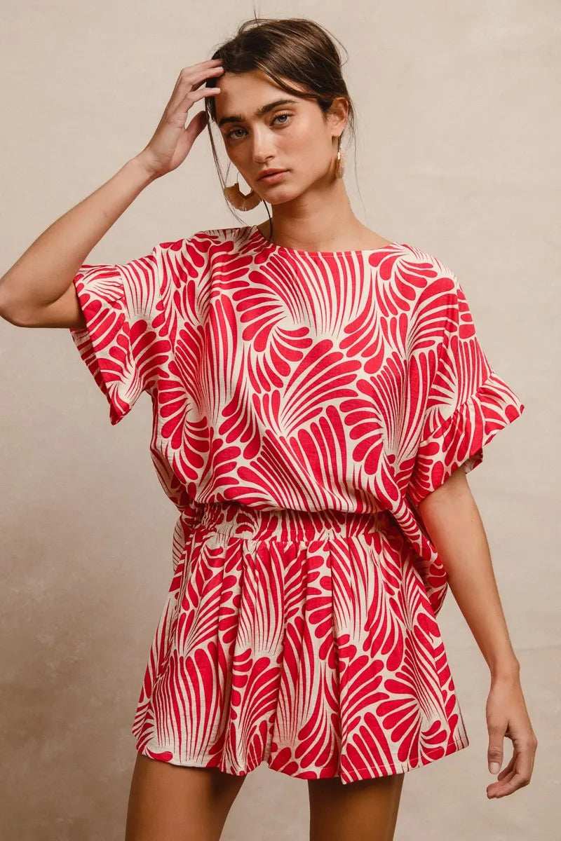 BiBi Print Woven Ruffled Sleeves Top - Trendsi - Flyclothing LLC