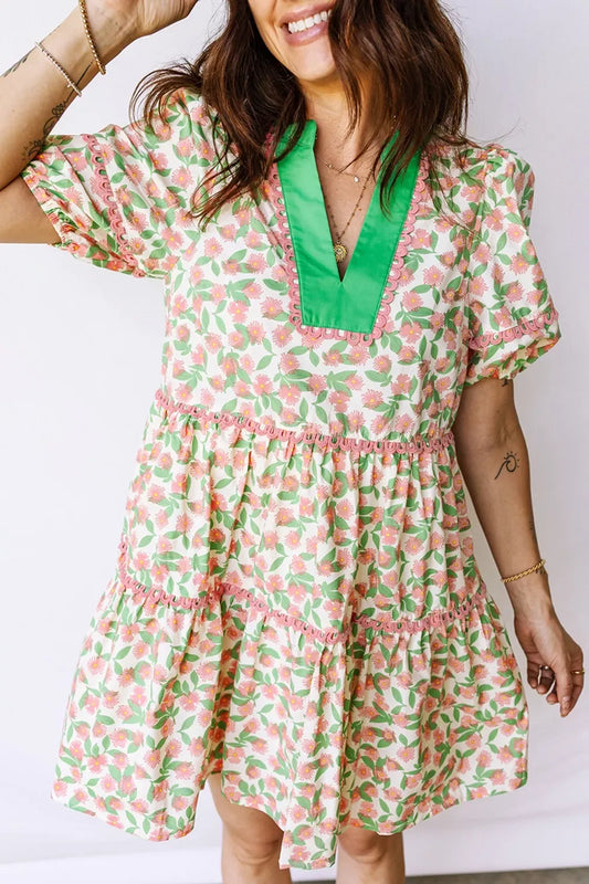 Contrast Neckline Ricrac Trim Floral Short Puff Sleeve Dress - Trendsi - Flyclothing LLC