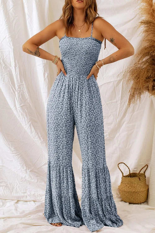 Smocked Printed Wide Strap Jumpsuit - Trendsi - Flyclothing LLC