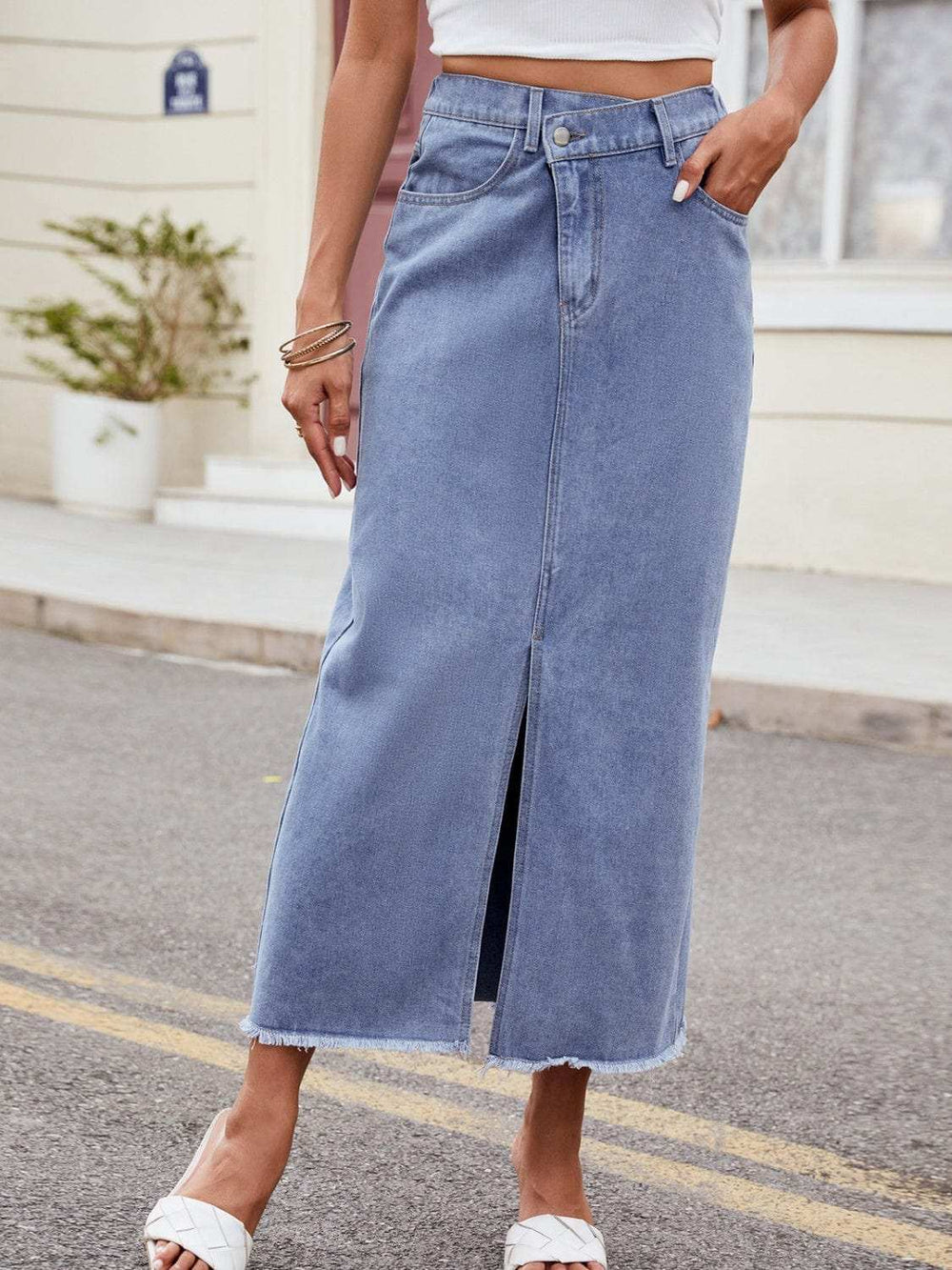Slit Asymmetrical Waist Denim Skirt - Trendsi - Flyclothing LLC