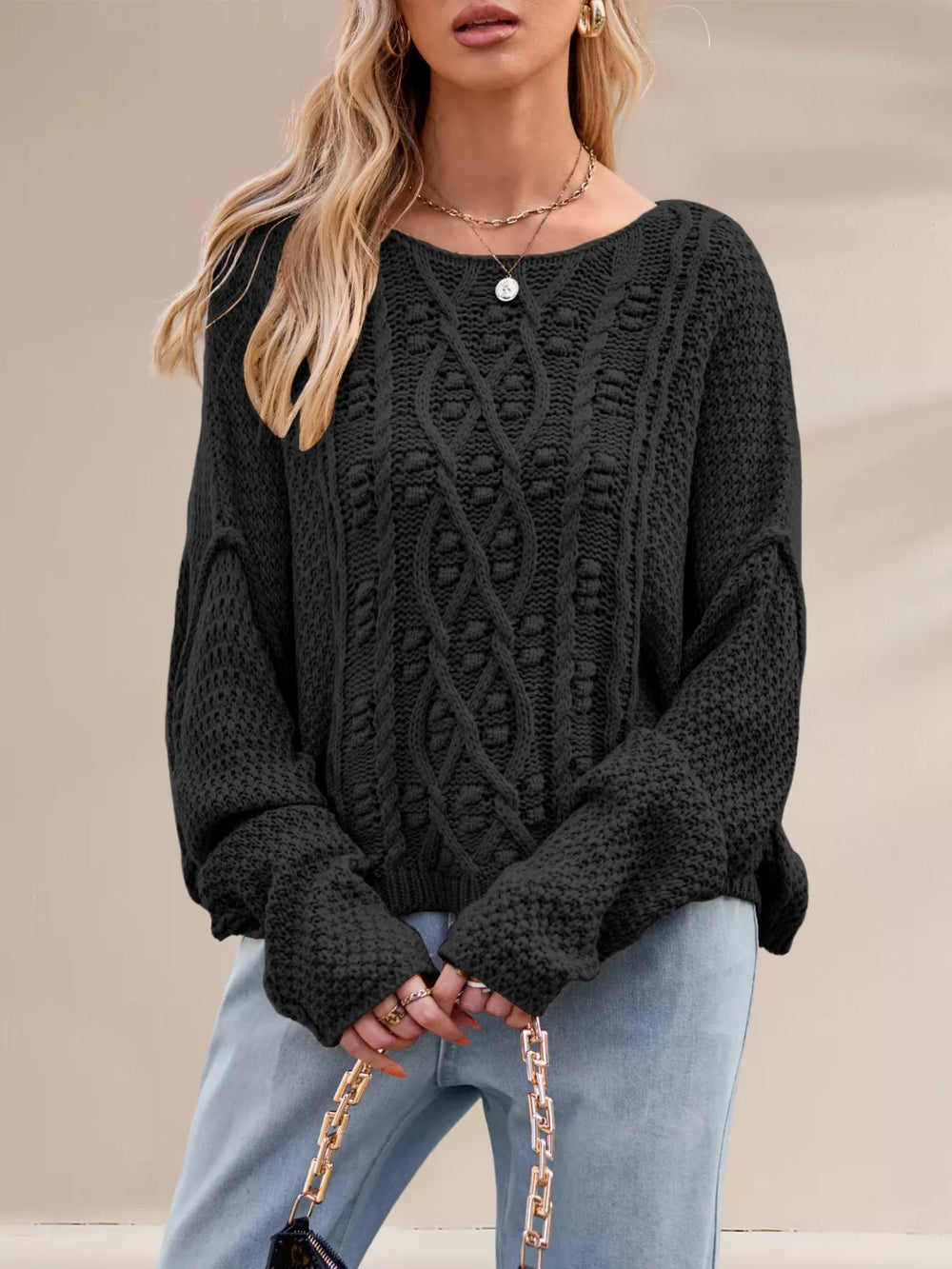 Textured Knit Round Neck Sweater - Trendsi - Flyclothing LLC