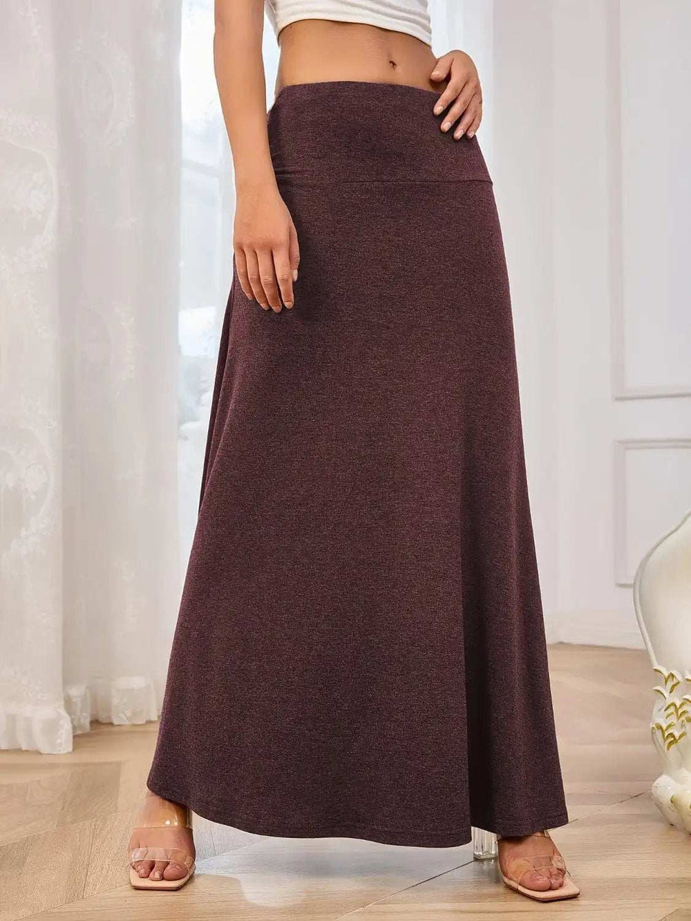 Solid Elastic Waist Maxi Skirt - Trendsi - Flyclothing LLC