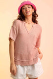 Waffle-Knit Notched Half Sleeve T-Shirt - Trendsi - Flyclothing LLC