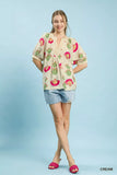 Umgee Abstract Print Blouse with Ruched Detail - Trendsi - Flyclothing LLC