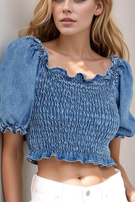 Puff Sleeve Smocked Cropped Denim Top - Trendsi - Flyclothing LLC