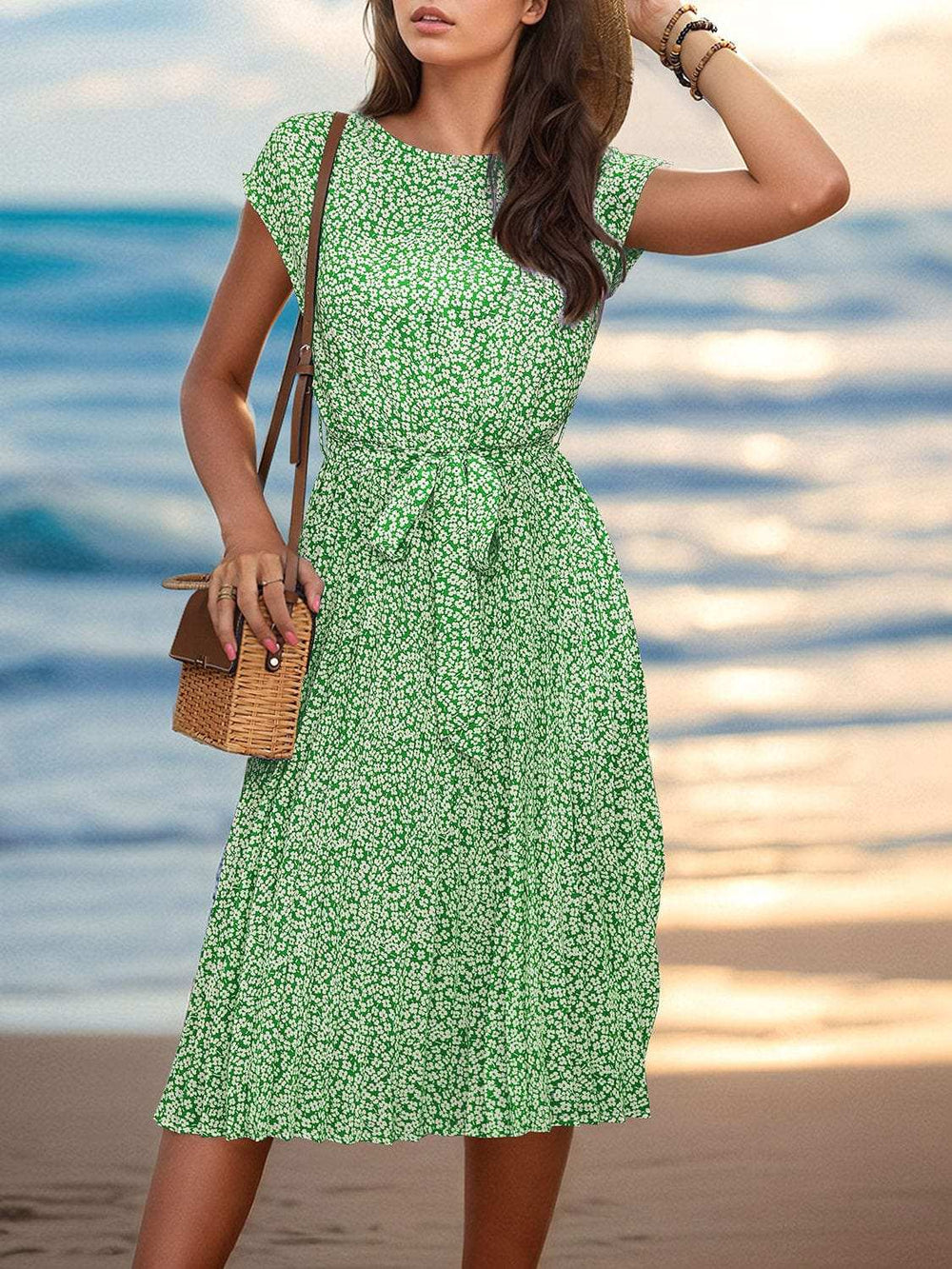 Printed Cap Sleeve Tie Waist Dress - Trendsi - Flyclothing LLC