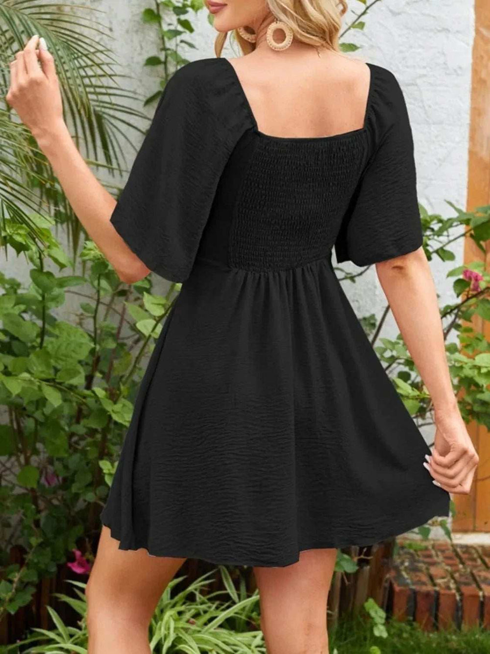 Smocked Back Knotted Flutter Sleeve Dress - Trendsi - Flyclothing LLC