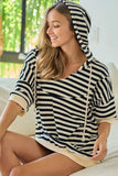BiBi Stripe Fleece Notch Neck Short Sleeve Hoodie - Trendsi - Flyclothing LLC