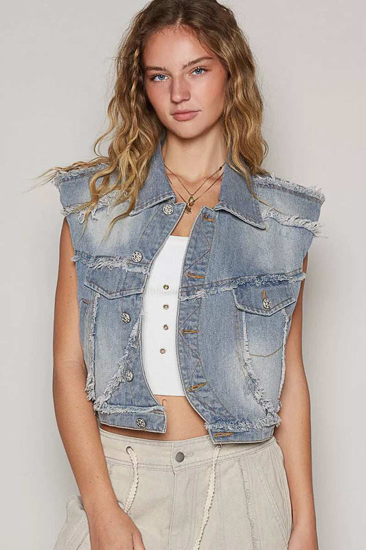 POL Assymetrical Front Closure Raw Hem Denim Vest - Trendsi - Flyclothing LLC
