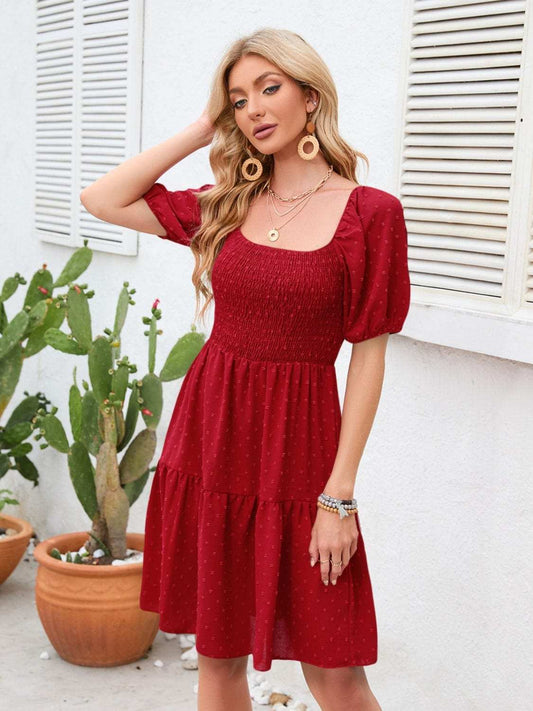 Swiss Dot Smocked Square Neck Dress - Trendsi - Flyclothing LLC